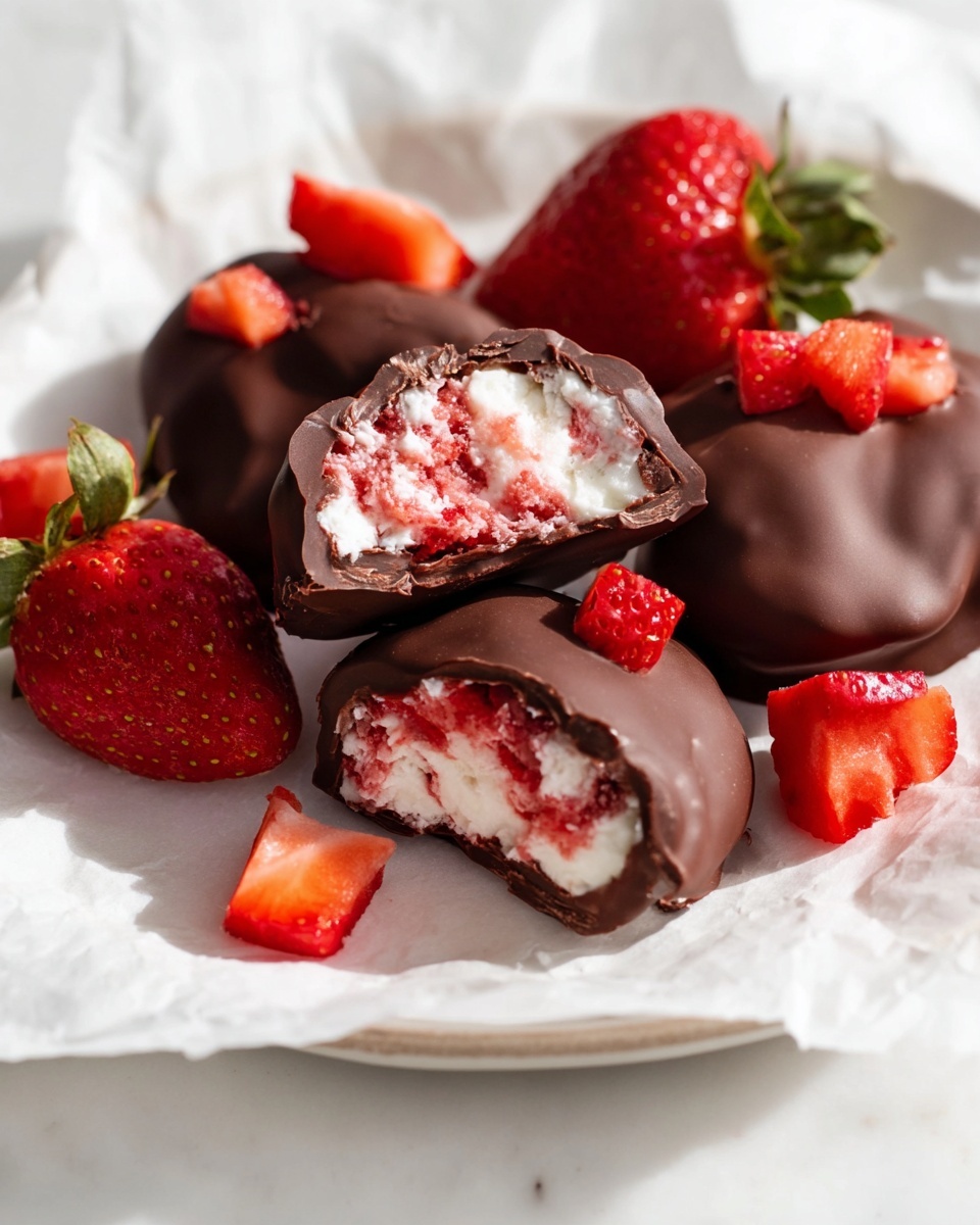 Single white plate with one chocolate-covered strawberry dessert sliced open to reveal the creamy white interior mixed with fresh red strawberry pieces, close-up angled shot emphasizing the smooth chocolate shell and the juicy, textured strawberry filling inside, garnished with fresh strawberry halves and diced strawberries scattered around, placed on a white marble surface with natural lighting, styled as an intimate plated serving from a food blog, photo taken with an iphone --ar 4:5 --v 7