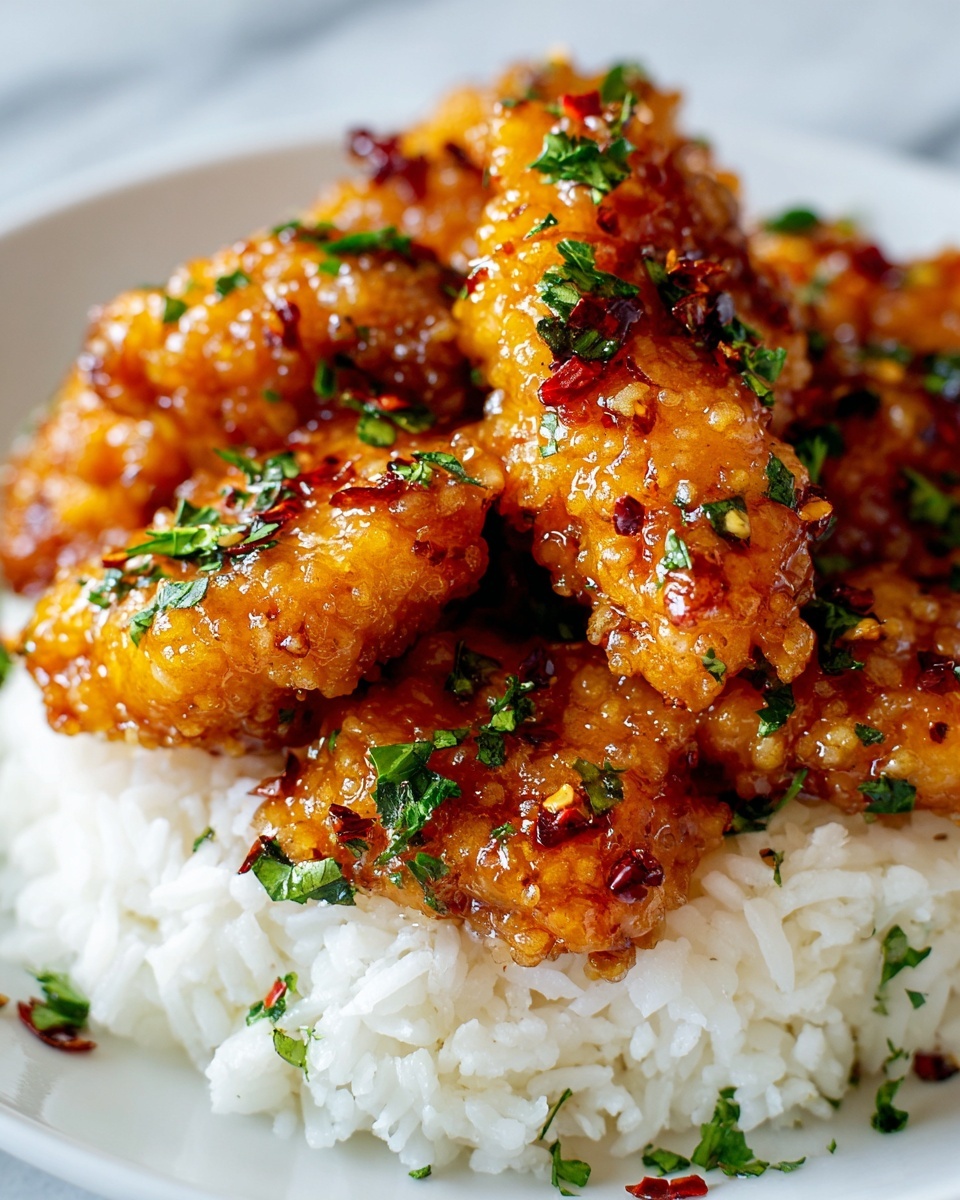 Single white plate featuring one serving of glazed crispy chicken tenders coated in a sticky, golden-brown sauce with visible red chili flakes and fresh green parsley sprinkled on top, resting over a neat mound of fluffy white rice, close-up angled shot showcasing the glossy texture and tender interior of the chicken, set on a white marble background under natural lighting, styled like a food blog presentation, photo taken with an iphone --ar 4:5 --v 7