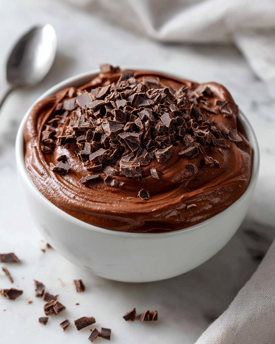 Single white dessert plate with one generous scoop of rich chocolate mousse, smooth and airy texture visible with delicate swirls on top, sprinkled with finely grated dark chocolate shavings, close-up angle highlighting the velvety interior and glossy chocolate layers, natural lighting on white marble surface, styled individual serving from a food blog, photo taken with an iphone --ar 4:5 --v 7