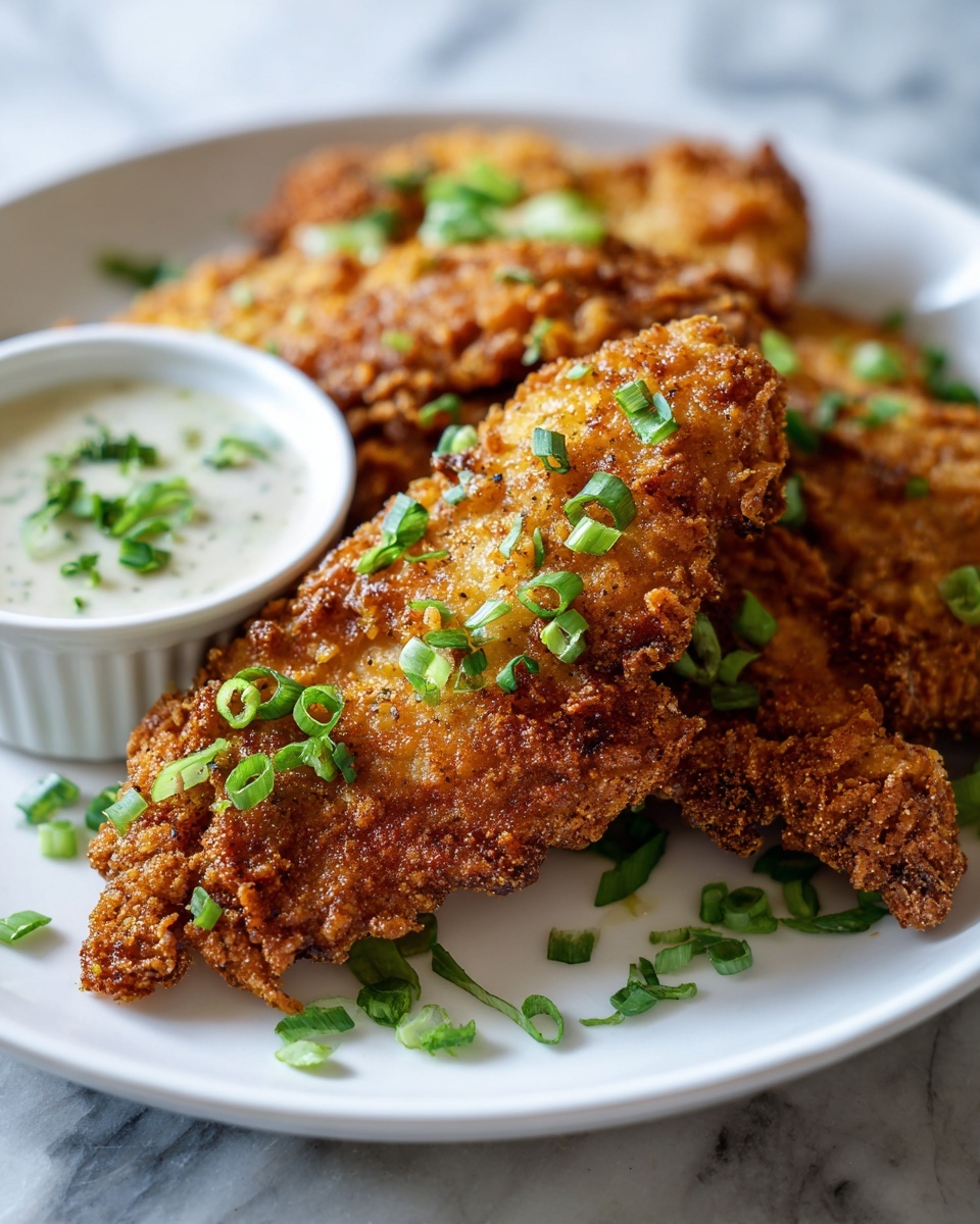 Single white plate featuring a plated serving of one crispy fried chicken tender, golden brown with a crunchy textured crust, garnished with chopped fresh green onions scattered on and around the tender, accompanied by a small white ramekin of creamy dipping sauce topped with green onions, angled close-up view emphasizing the crispy exterior and flaky interior texture, natural lighting highlighting the warm tones, placed on a white marble surface, styled like a food blog individual serving photo taken with an iphone --ar 4:5 --v 7