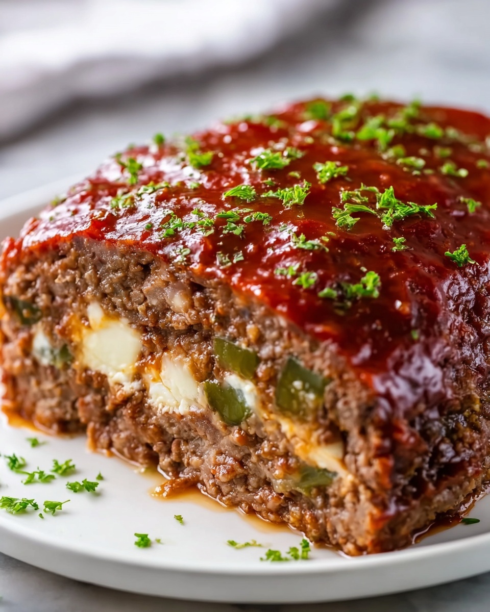 Melt-in-Your-Mouth Easy Stuffed Meatloaf Recipe to Savor Recipe 5 Single white plate featuring one thick, juicy slice of meatloaf with a rich, glossy tomato-based glaze topped with finely chopped parsley, close-up angled view emphasizing the tender ground beef interior studded with melted cheese pockets and green pepper slices, highlighting the moist texture and layers within, natural lighting on a white marble surface, styled like a food blog serving, photo taken with an iphone --ar 4:5 --v 7