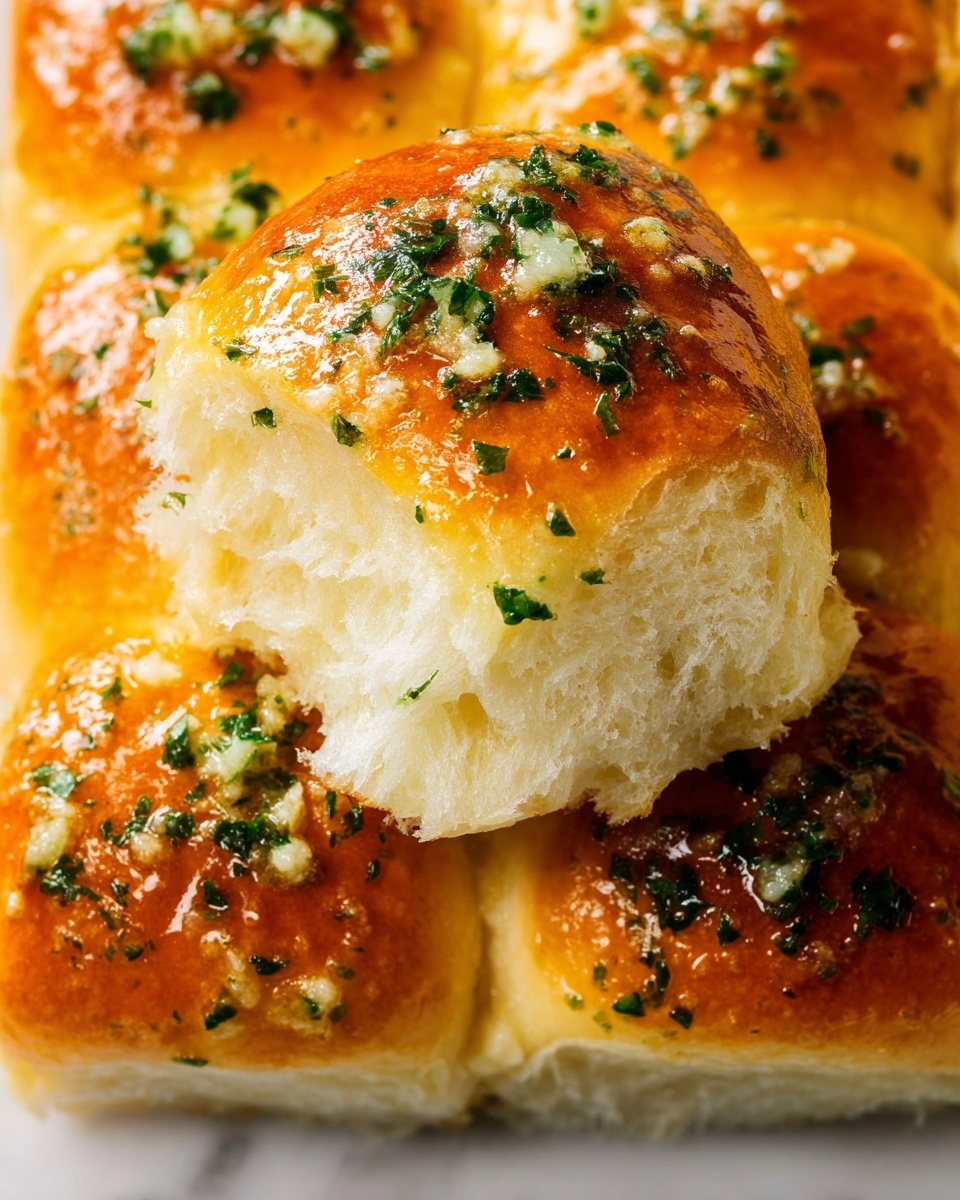 Single white plate with one golden brown, fluffy garlic butter dinner roll freshly baked, the shiny top sprinkled with finely chopped parsley and minced garlic, close-up angled shot revealing the soft, airy interior texture of the roll where it has been gently pulled apart, placed on a white marble surface with natural lighting, styled and ready to eat, photo taken with an iphone --ar 4:5 --v 7