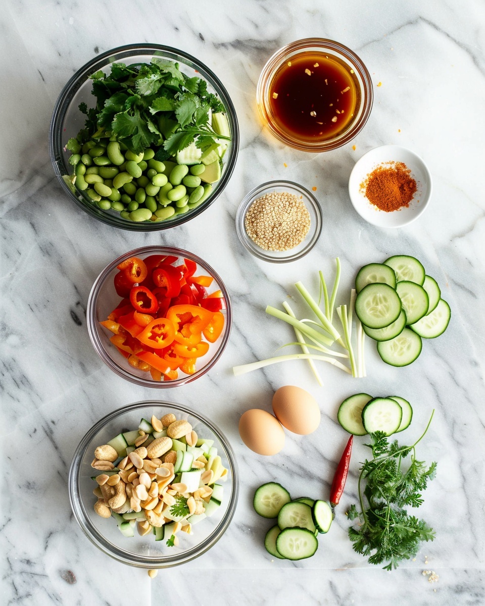 Large white bowl filled with a vibrant, fresh vegetable salad featuring an abundance of sliced cucumbers, shredded carrots, red bell pepper strips, edamame beans, and generous sprinkles of chopped fresh herbs like parsley and dill, all tossed in a creamy dressing and topped with a glossy, richly spiced chili oil drizzled over the surface, whole dish photographed from a 3/4 angle on a white marble countertop, natural lighting, professional food magazine style hero shot photo taken with an iphone --ar 4:5 --v 7