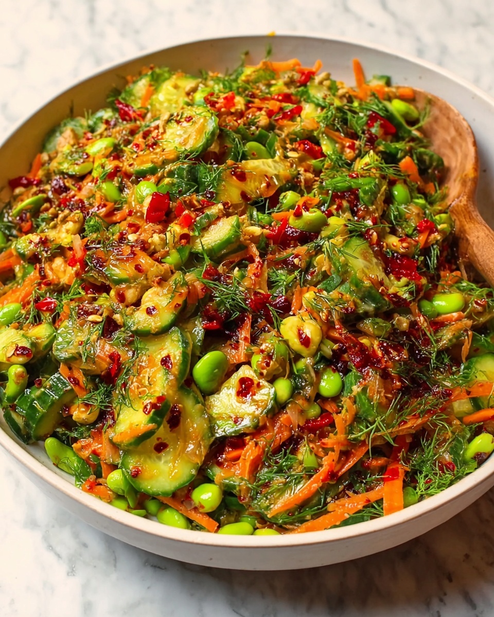 Single white bowl filled with a vibrant single serving of mixed vegetable salad featuring thinly sliced cucumbers, red bell pepper strips, fresh herbs like parsley and dill, and garnished with a spicy chili oil dressing dotted with sesame seeds, close-up angle highlighting the textures of crunchy vegetables and glossy sauce, placed on a white marble surface with natural lighting, styled intimate plated serving photo taken with an iphone --ar 4:5 --v 7