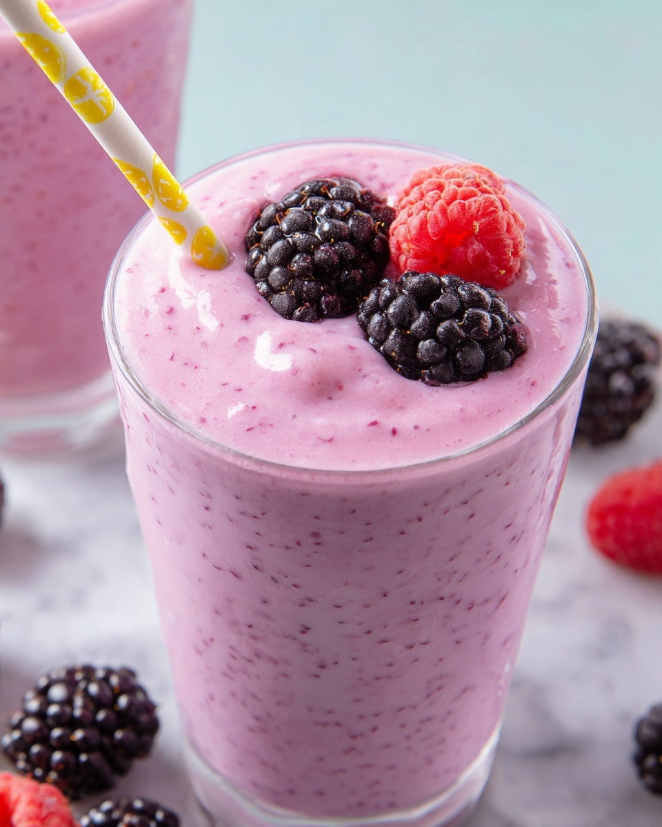 Two large white glasses filled with thick mixed berry smoothie, creamy and rich, topped with fresh blackberries and a single red raspberry on each, surrounded by scattered ripe strawberries on a white marble surface, photographed at a 3/4 angle with natural lighting, professional food magazine hero shot, photo taken with an iphone --ar 4:5 --v 7