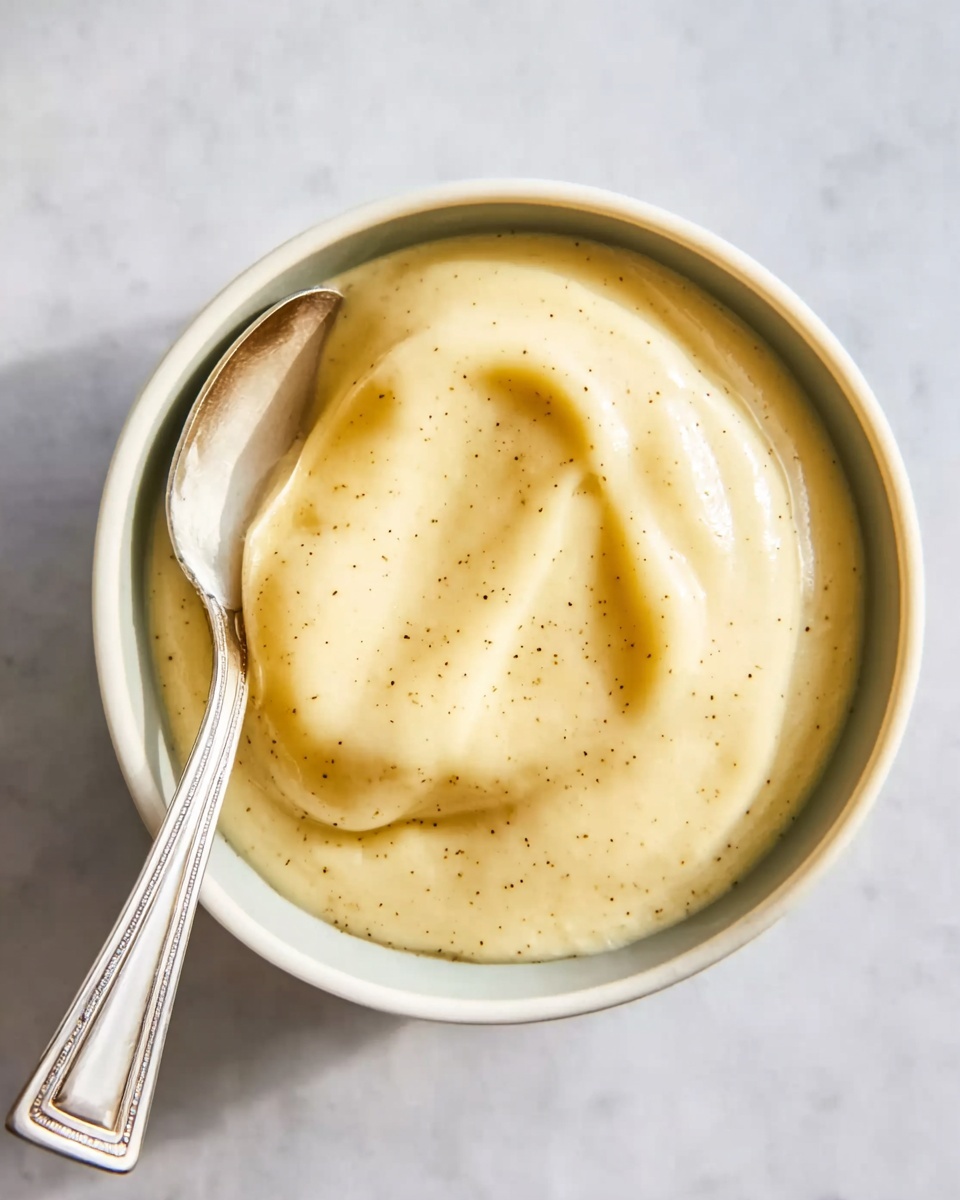 Large white bowl filled with creamy, smooth vanilla bean custard, speckled with tiny black vanilla seeds throughout, presented as a full serving without any portion taken, placed on a white marble countertop with natural lighting to highlight its rich texture, professional food styling, photo taken with an iphone --ar 4:5 --v 7