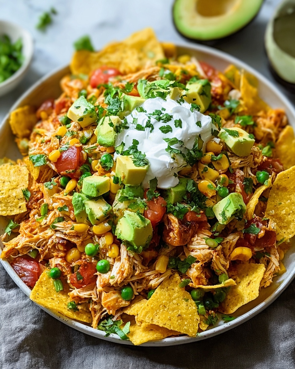 A large white ceramic bowl filled with a vibrant chicken taco salad, layered generously with seasoned shredded chicken, spicy black beans, golden sweet corn, diced fresh tomatoes, ripe avocado chunks, and bright green peas, all topped with a dollop of creamy sour cream and sprinkled with fresh chopped cilantro, with crispy tortilla chips lining the perimeter of the bowl, photographed from a 3/4 angle on a white marble countertop, natural lighting showcasing rich colors and textures, professional food magazine hero shot, photo taken with an iphone --ar 4:5 --v 7