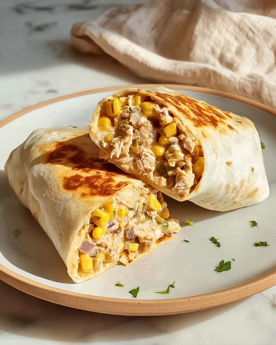 A large white plate arranged with several whole, golden-brown grilled wraps filled with creamy tuna salad mixed with sweet corn kernels, finely chopped red onions, and green herbs, perfectly folded and slightly toasted for a crispy exterior, presented as a complete set with natural lighting highlighting the textures on a white marble background, professional 3/4 angle food magazine style photo taken with an iphone --ar 4:5 --v 7