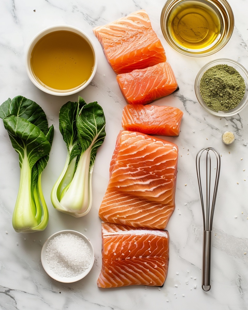Sheet-Pan Salmon with Bok Choy & Miso Glaze Over Brown Rice Recipe 5 Single white plate featuring one perfectly cooked salmon fillet with a golden sear revealing tender, flaky interior texture, accompanied by a small mound of steamed brown rice showing individual grains, and two halves of grilled baby bok choy showcasing charred edges and vibrant green layers, arranged neatly on the plate. Natural lighting highlights the fresh ingredients, set on a white marble surface, close-up angled shot emphasizing the textures and freshness, styled like a food blog single serving. photo taken with an iphone --ar 4:5 --v 7