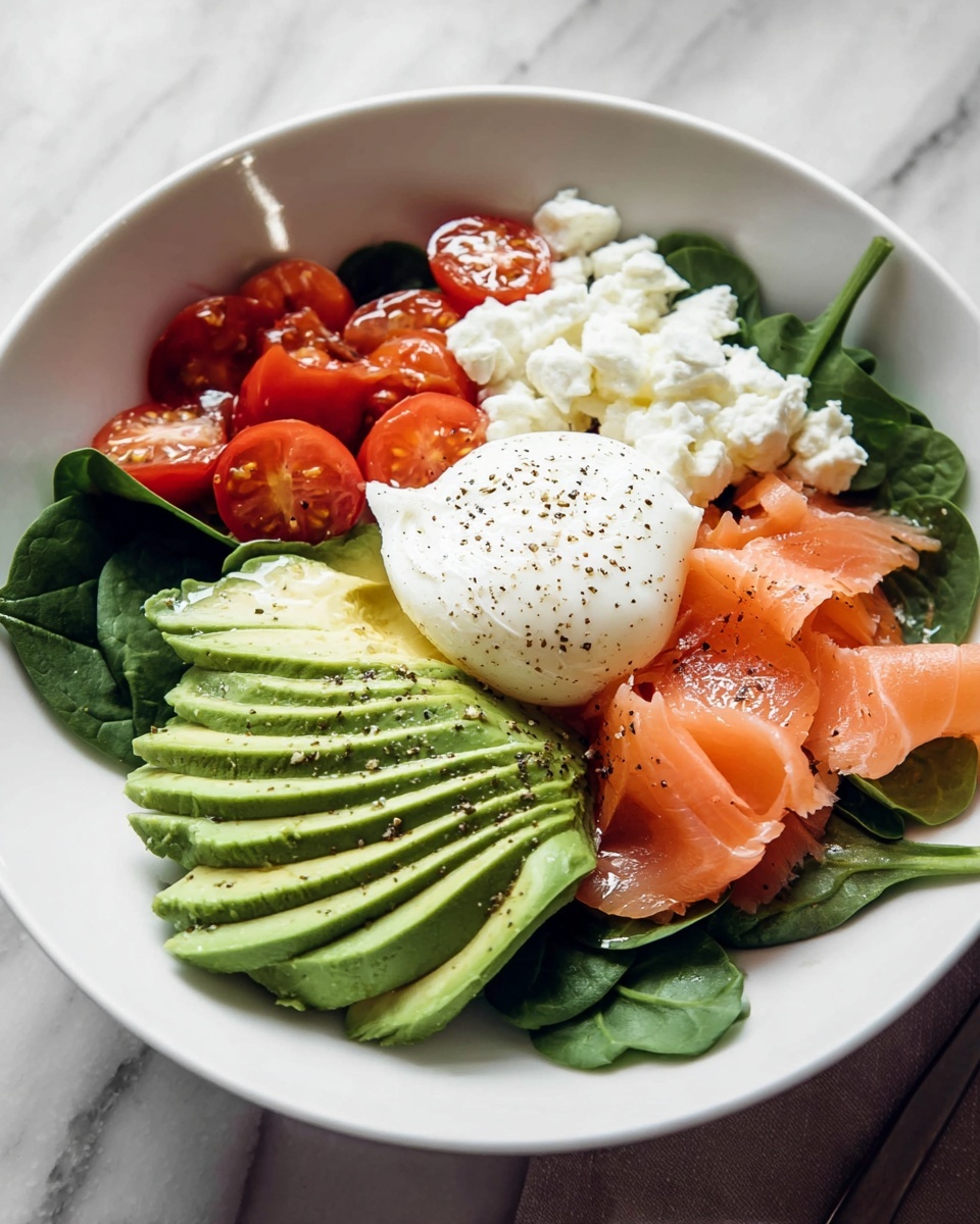 Clean & Lean Protein Breakfast Bowl Recipe 6 Large white bowl filled with a generous arrangement of fresh spinach leaves forming a vibrant green base, topped with whole slices of ripe avocado fanned out neatly, perfectly poached eggs with smooth whites, a heaping portion of creamy cottage cheese, beautifully folded smoked salmon, and halved cherry tomatoes scattered for a pop of red color, seasoned lightly with cracked black pepper, photographed from above on a white marble background with natural lighting, professional food styling, whole dish in frame, photo taken with an iphone --ar 4:5 --v 7