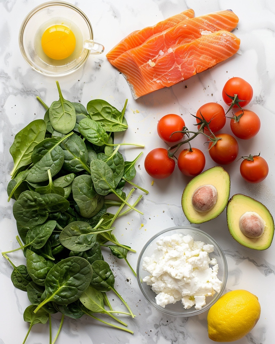 Clean & Lean Protein Breakfast Bowl Recipe 5 Single white bowl featuring a plated serving of fresh spinach leaves topped with thinly sliced avocado fanned out in layers, delicate curls of smoked salmon, creamy cottage cheese, halved cherry tomatoes, and a perfectly poached egg seasoned with cracked black pepper, all arranged artfully to reveal the textures and freshness of each ingredient, natural lighting highlighting the vibrant colors, set on a white marble surface, intimate close-up food blog style photo taken with an iphone --ar 4:5 --v 7