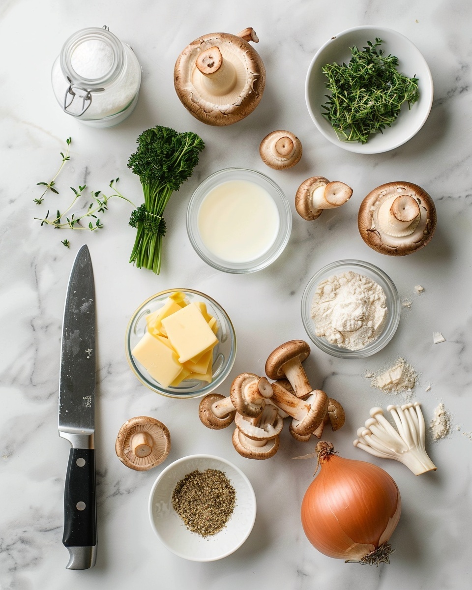 Hungarian Mushroom Soup with Dill, Thyme, and Paprika Recipe 5 Single white bowl containing a generous serving of creamy mushroom soup with visible slices of tender mushrooms immersed in the rich, smooth broth, topped with a dollop of sour cream and fresh green herbs such as parsley and dill, close-up angled shot emphasizing the texture of the soup and garnishes, steam gently rising, placed on a white marble surface with natural lighting, styled like a food blog individual serving photo taken with an iphone --ar 4:5 --v 7