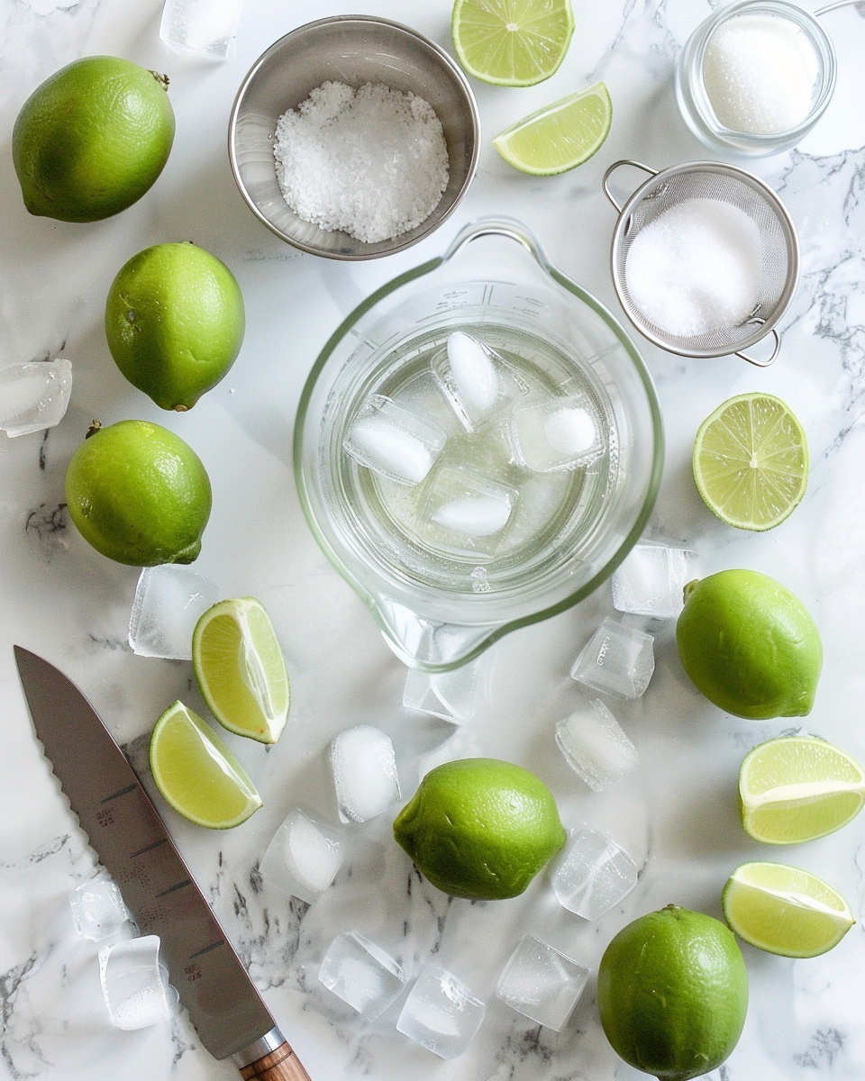Single white highball glass filled with a refreshing portion of limeade over ice cubes, garnished with a thin fresh lime wheel on the rim, close-up angled view highlighting the pale yellow-green hue and frosty condensation on the glass, accompanied by lime wedges on a white marble surface, natural lighting enhancing the cool, thirst-quenching appeal, styled like a food blog individual serving photo taken with an iphone --ar 4:5 --v 7