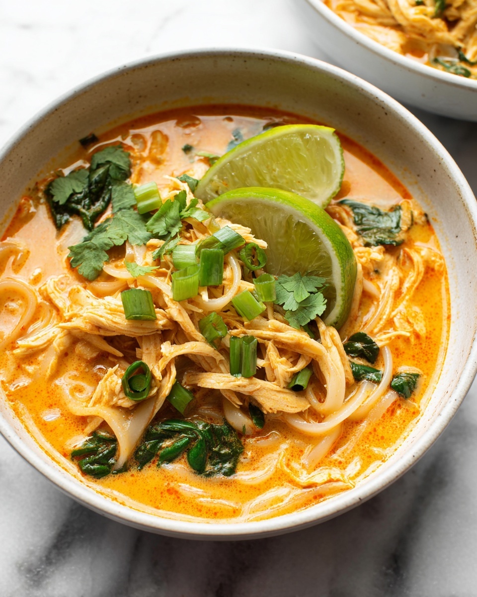 Easy Thai Chicken Curry Soup Recipe 6 A large white bowl filled with creamy, vibrant orange Thai coconut chicken soup (Tom Kha Gai) featuring whole shredded chicken, thick rice noodles fully immersed in rich coconut broth, garnished generously with fresh cilantro leaves and sliced green onions, the entire bowl displayed from a 3/4 angle on a pristine white marble countertop with natural lighting highlighting the textures and colors, styled like a hero shot from a food magazine, photo taken with an iphone --ar 4:5 --v 7