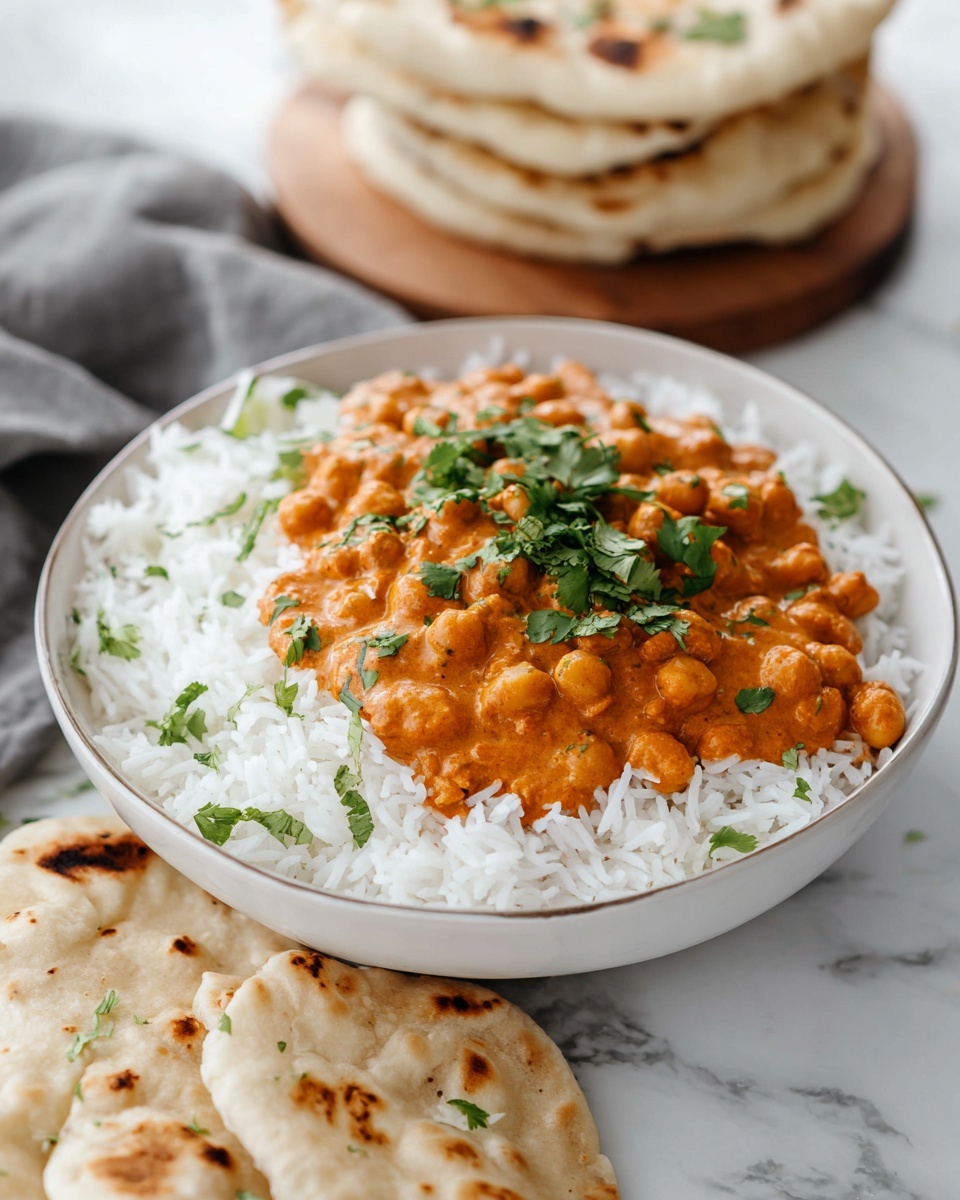 Vegetarian Chickpea Tikka Masala Recipe 6 Large white serving bowl filled with fluffy white basmati rice topped with generous portions of creamy, rich orange chickpea curry, garnished with fresh chopped cilantro, accompanied by whole Indian flatbreads stacked behind the bowl, all placed on a pristine white marble surface, captured with natural light from a 3/4 angle, styled as a professional food magazine hero shot, photo taken with an iphone --ar 4:5 --v 7