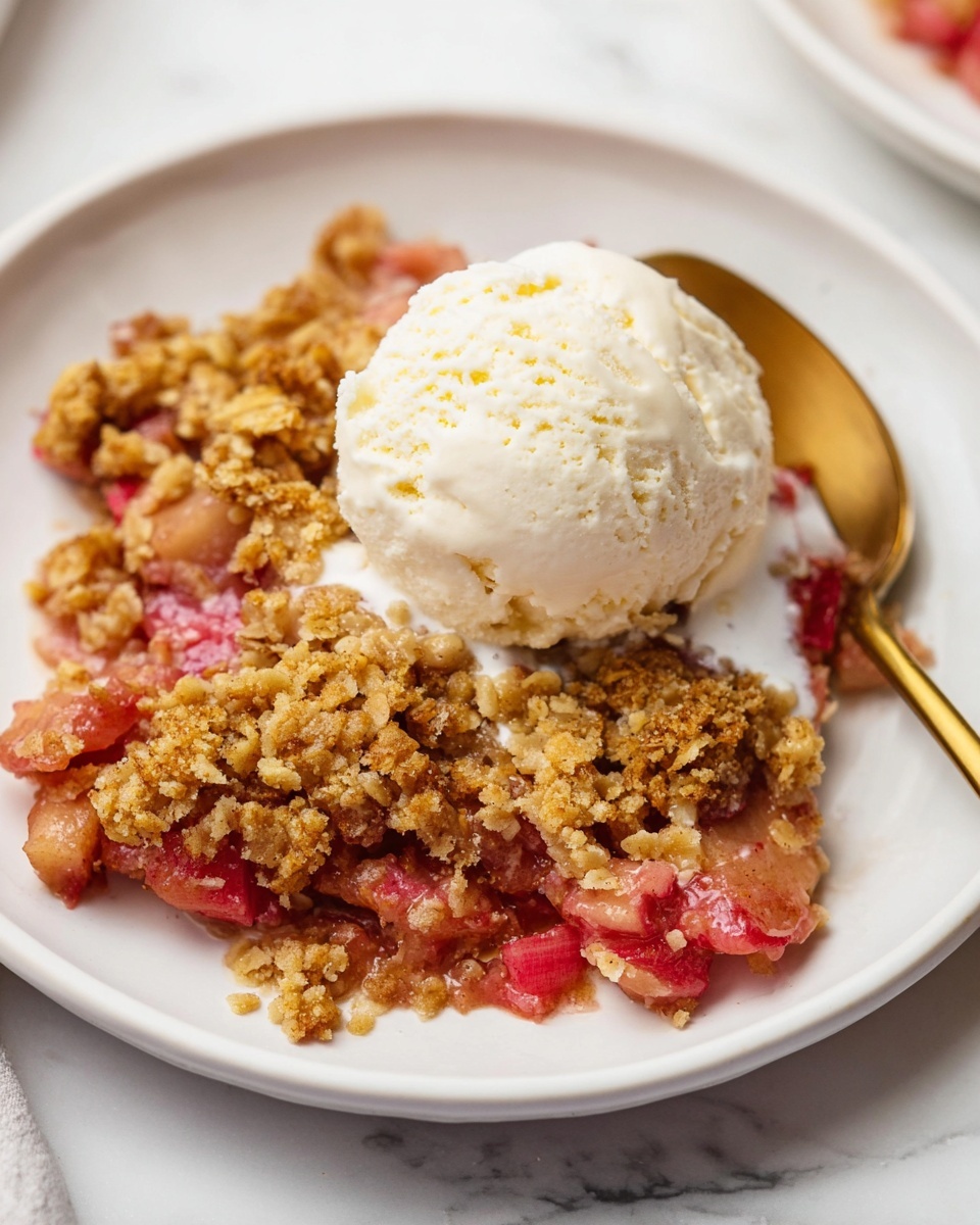 Large white oval ceramic baking dish filled with a freshly baked strawberry rhubarb crumble, featuring a generous golden-brown oat and brown sugar crumb topping spread evenly over vibrant chunks of juicy strawberries and rhubarb pieces bursting with red hues, the edges glistening slightly with syrupy juices, the dish placed on a soft blush cloth atop a white marble countertop, captured from a 3/4 angle with natural lighting highlighting the crisp texture and rich colors, styled as a hero food magazine shot, photo taken with an iphone --ar 4:5 --v 7