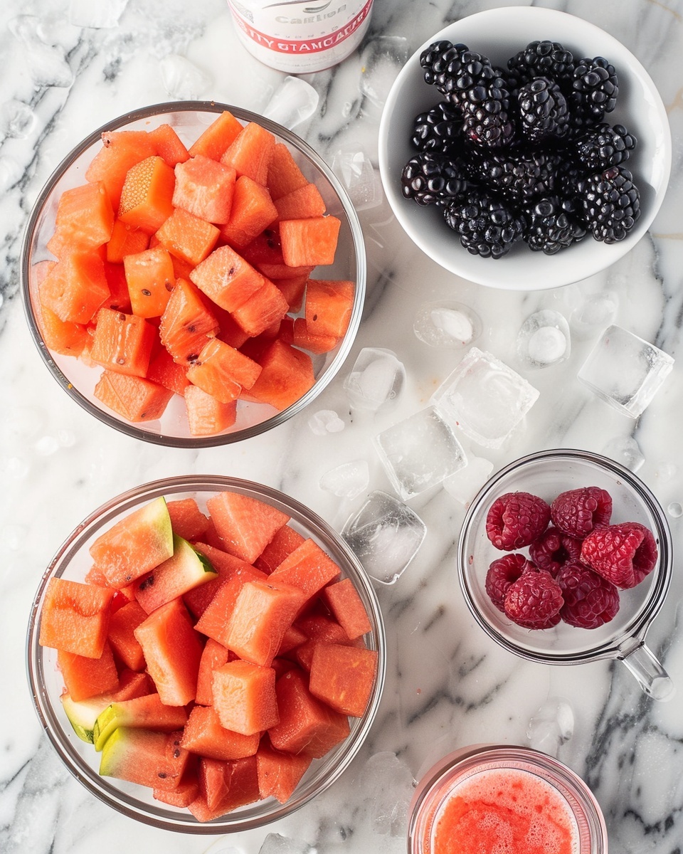 Single white bowl filled with a close-up serving of refreshing fruit salad in creamy pink coconut milk, featuring vibrant diced watermelon, blueberries, pineapple chunks, and ice cubes, showcasing the juicy textures and rich liquid surrounding the fruit, garnished with a spoon lifting a colorful portion, placed on a white marble surface, natural light highlighting the freshness, intimate plated serving photo taken with an iphone --ar 4:5 --v 7