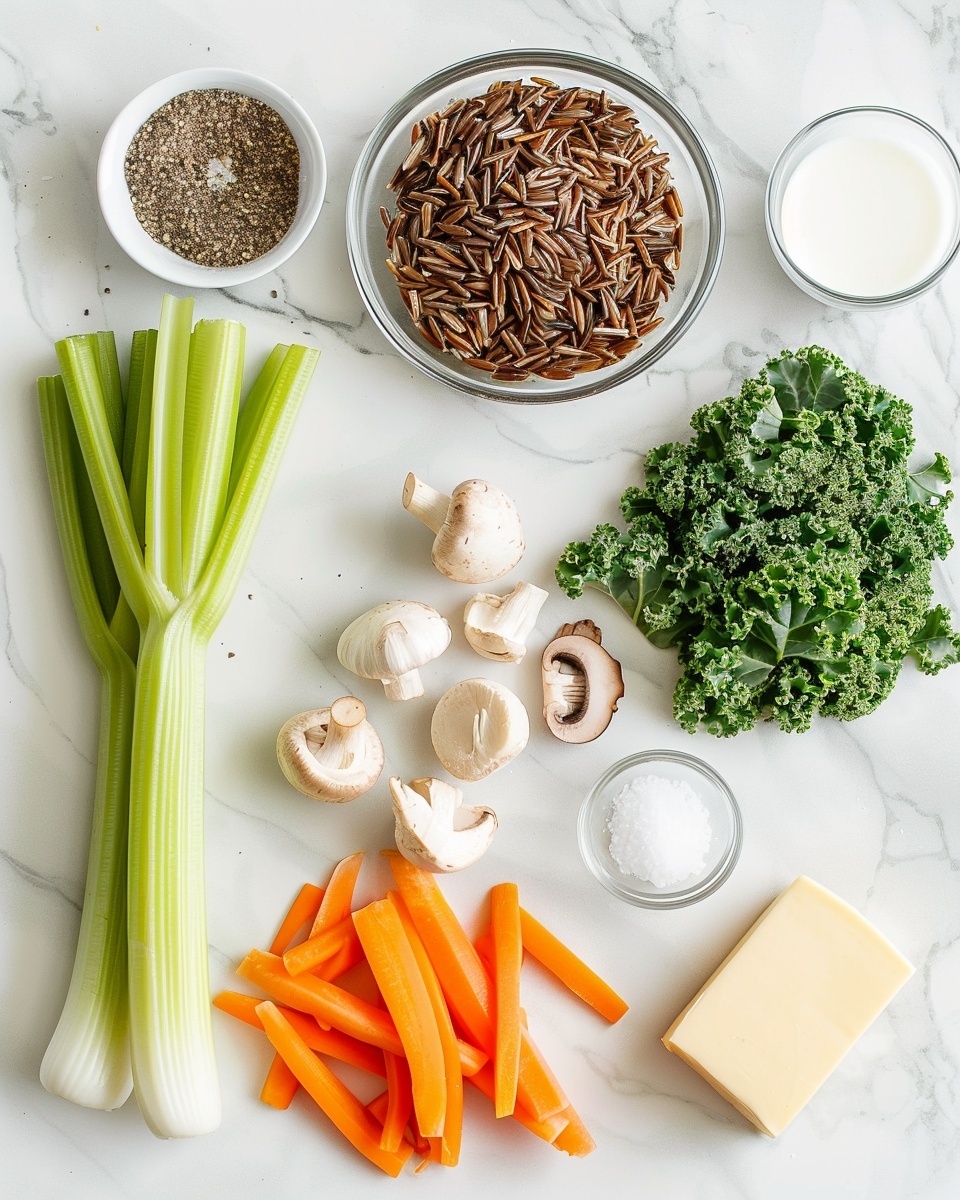 Instant Pot Mushroom Wild Rice Soup Recipe 5 Single white bowl filled with a creamy wild rice and mushroom soup, showcasing tender slices of mushrooms, vibrant orange carrot pieces, and fresh green herbs throughout the rich broth, close-up angled shot revealing the texture of the grains and vegetables, garnished with a sprinkle of herbs, set on a white marble surface with soft natural lighting, intimate plated serving photo taken with an iphone --ar 4:5 --v 7