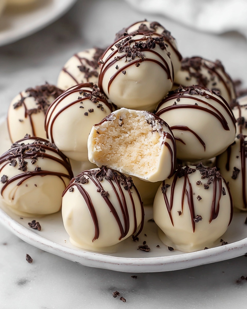 White ceramic plate filled with a generous arrangement of whole, round cheesecake truffles fully coated in smooth white chocolate and drizzled artistically with dark chocolate, showcasing the creamy texture inside with one truffle featuring a visible bite, all captured in a professional 3/4 angle shot on a white marble countertop under natural lighting, styled as a hero shot from a food magazine, photo taken with an iphone --ar 4:5 --v 7