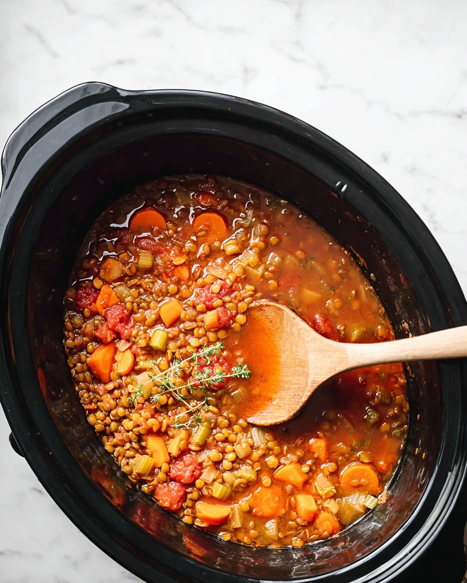 Black oval slow cooker filled with a hearty lentil stew, showcasing vibrant orange carrots, celery, and diced tomatoes in a rich tomato-based broth, wooden spoon resting inside, the whole dish presented on a white marble countertop, captured in natural lighting with a professional 3/4 angle shot, like a hero food magazine photograph photo taken with an iphone --ar 4:5 --v 7