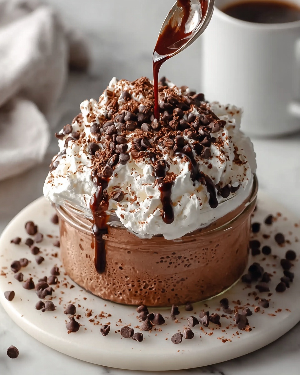 Large white serving platter filled with a whole jar of decadent chocolate mousse topped generously with fluffy whipped cream, drizzled with rich chocolate sauce and sprinkled with an abundance of chocolate chips and cocoa powder, presented as a complete single dessert in an uncut state, photographed at a 3/4 angle on a white marble countertop with natural light, professional food styling photo taken with an iphone --ar 4:5 --v 7