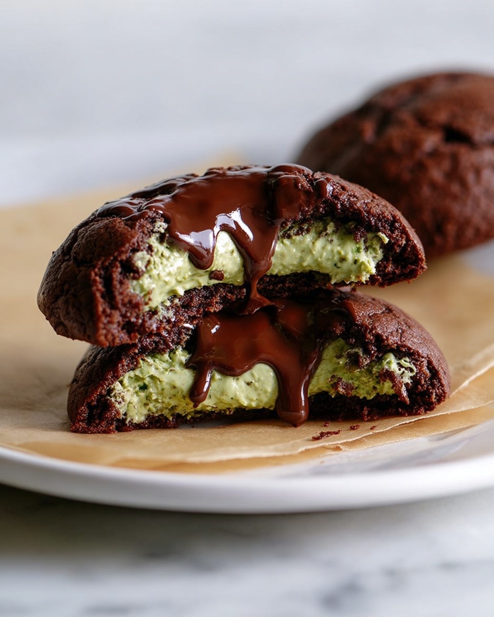 Pistachio Kunafa Chocolate Cookies Recipe 6 A white rectangular platter filled with a full batch of freshly baked chocolate cookies, each cookie generously studded with melted dark chocolate chunks and drizzled with green matcha glaze, cookies arranged closely together highlighting their rich texture and gooey chocolate, photographed from a slight top-down 3/4 angle on a white marble countertop with natural lighting, professional food magazine hero shot, photo taken with an iphone --ar 4:5 --v 7