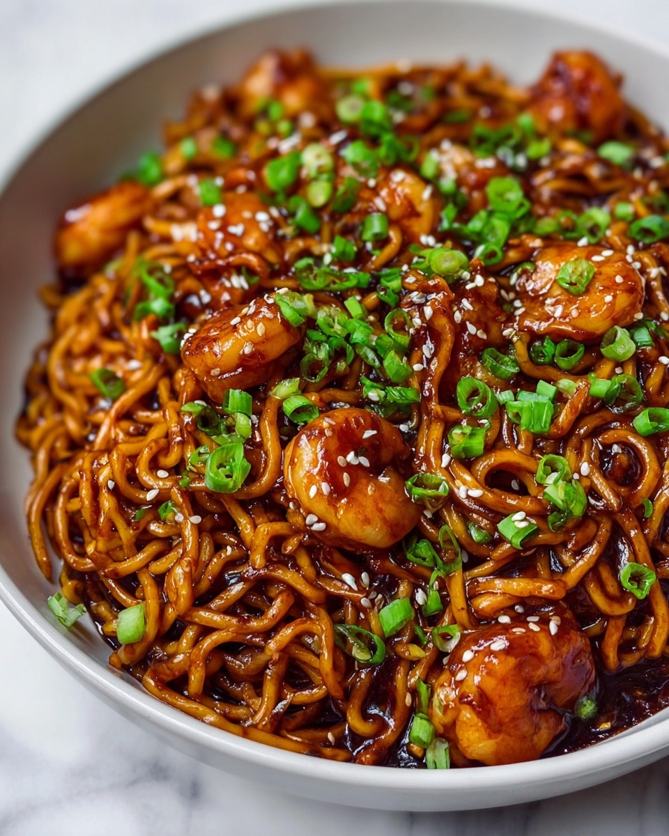 Large white serving bowl filled with a generous portion of glossy, richly sauced chicken stir-fried noodles, tossed with tender bite-sized chicken pieces and sprinkled with fresh chopped green onions and white sesame seeds, the whole dish presented on a pristine white marble countertop, natural light highlighting the warm tones and texture of the stir-fry, professional 3/4 angle food magazine style photo taken with an iphone --ar 4:5 --v 7