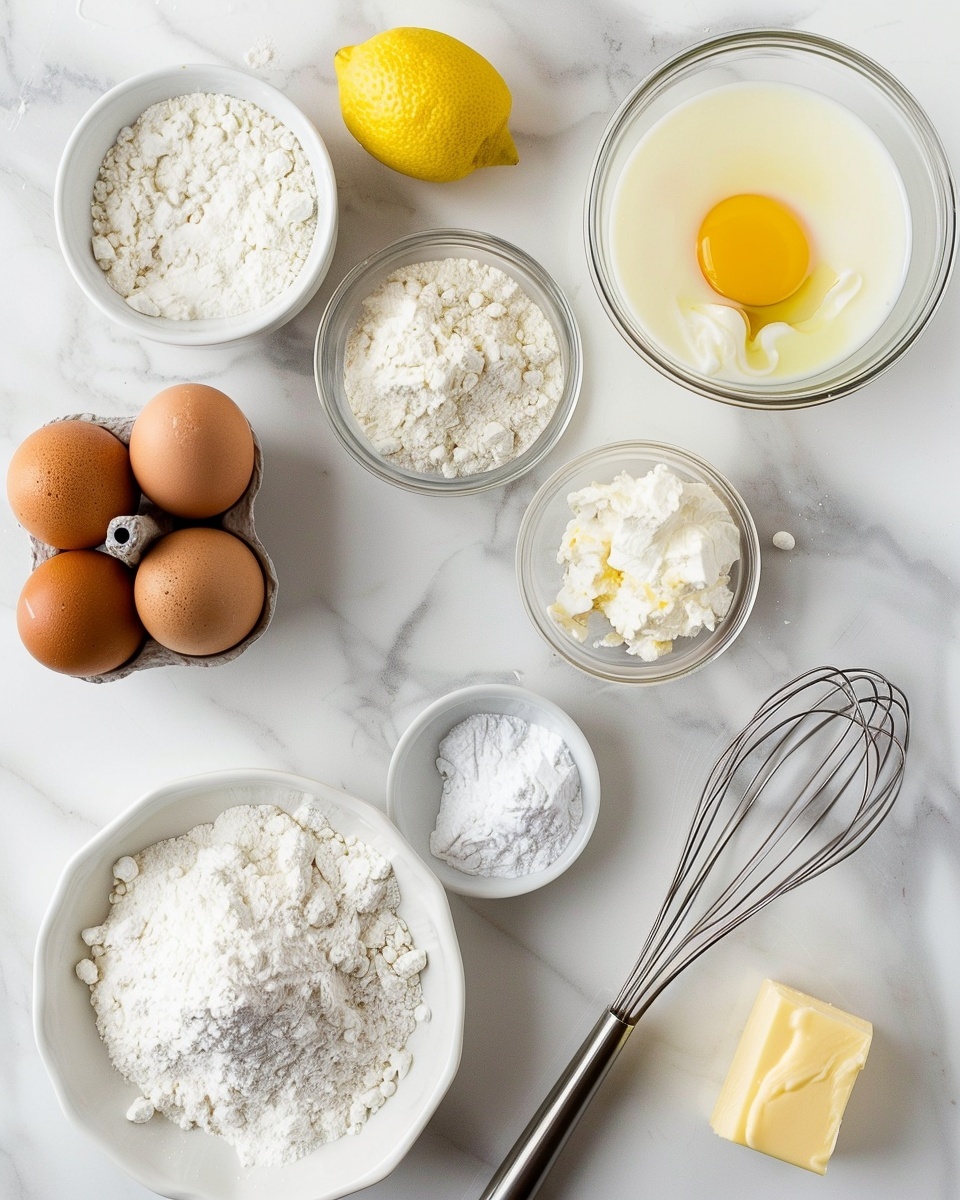 Single white plate featuring a neatly stacked serving of four golden-brown lemon pancakes layered with creamy white filling in between, a light dusting of powdered sugar on top, glossy maple syrup pooling around the base, garnished with two thin lemon slices and a sprig of fresh mint, bright natural lighting highlighting the fluffy texture and interior layers against a white marble background, intimate close-up angled shot capturing depth and detail, photo taken with an iphone --ar 4:5 --v 7