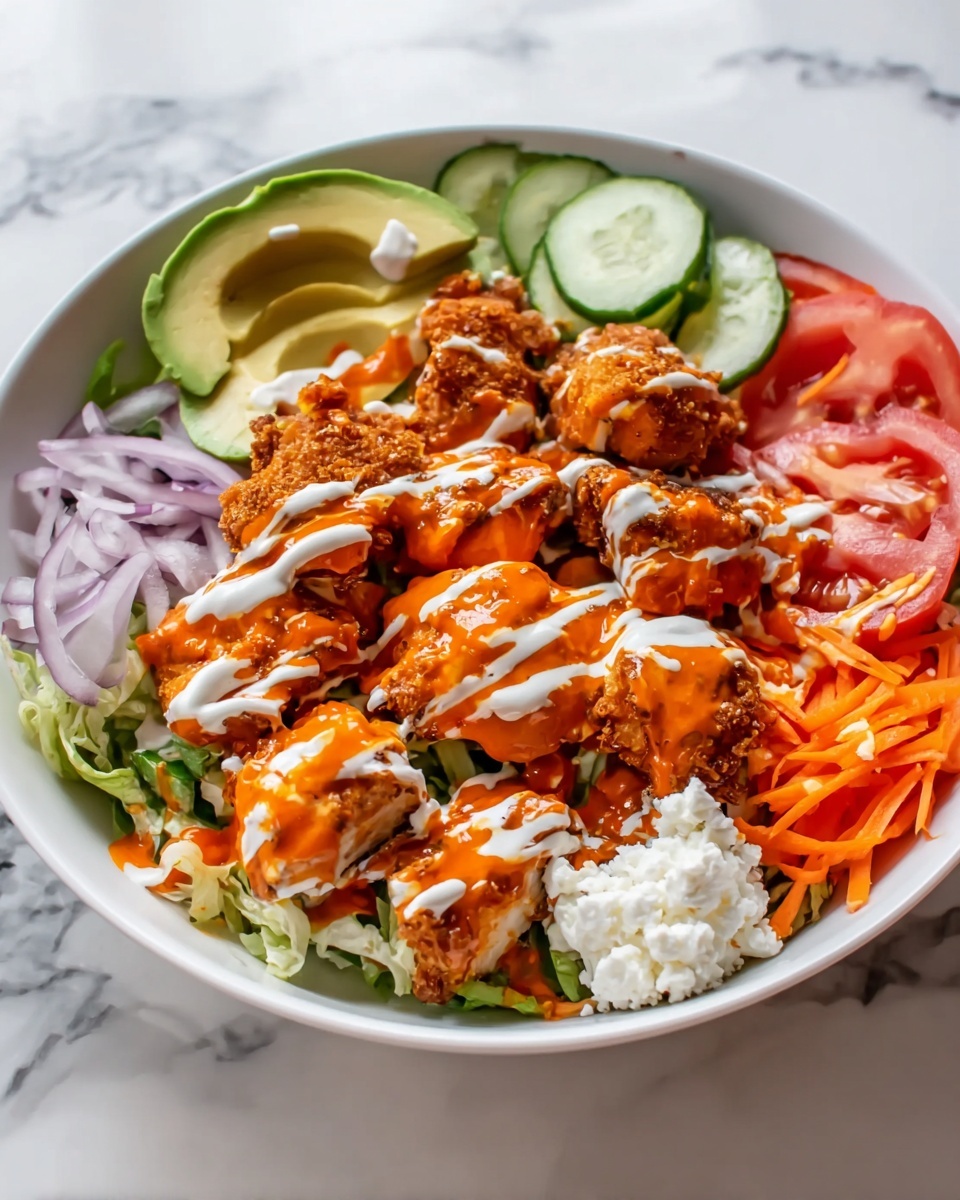 Large white serving bowl filled with an abundant whole buffalo chicken salad, featuring crispy fried chicken pieces generously coated in vibrant buffalo sauce and drizzled with creamy ranch dressing, surrounded by fresh slices of ripe avocado, crunchy shredded carrots, juicy tomato wedges, crisp cucumber slices, and a generous scoop of cottage cheese, all layered on a bed of shredded lettuce, photographed from a 3/4 angle on a white marble countertop with natural lighting, professional food magazine hero shot, photo taken with an iphone --ar 4:5 --v 7