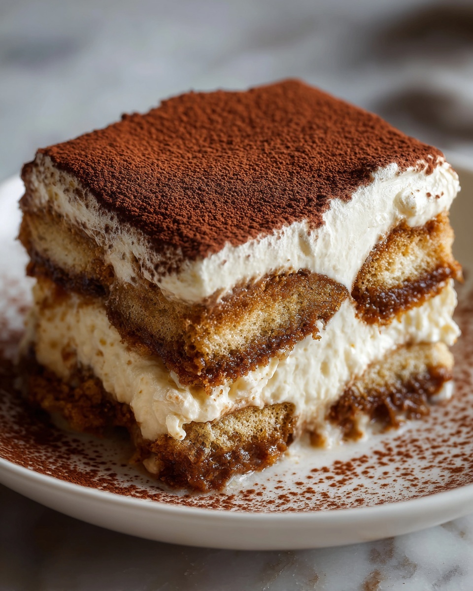 Large white rectangular baking dish filled with a classic tiramisu dessert, featuring an even, smooth layer of cocoa powder dusted perfectly across the entire top surface, revealing the creamy mascarpone and coffee-soaked ladyfingers layers just beneath the edges, whole dish displayed prominently on a white marble countertop with soft natural lighting, styled as a professional food magazine hero shot, photo taken with an iphone --ar 4:5 --v 7