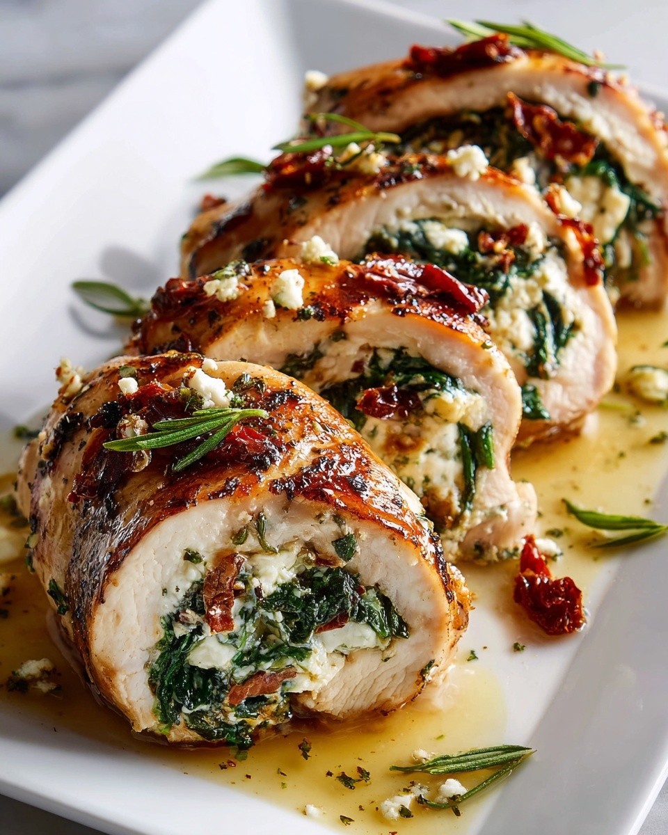 Rolled Chicken with Feta, Spinach, and Sun-Dried Tomatoes Recipe 6 White rectangular platter displaying three whole grilled chicken roulades stuffed generously with fresh spinach and creamy white cheese, each perfectly browned with herb and sun-dried tomato flecks, surrounded by a light drizzle of flavorful pan juices, photographed at a close 3/4 angle on a white marble countertop with natural lighting, professional food magazine hero shot, photo taken with an iphone --ar 4:5 --v 7