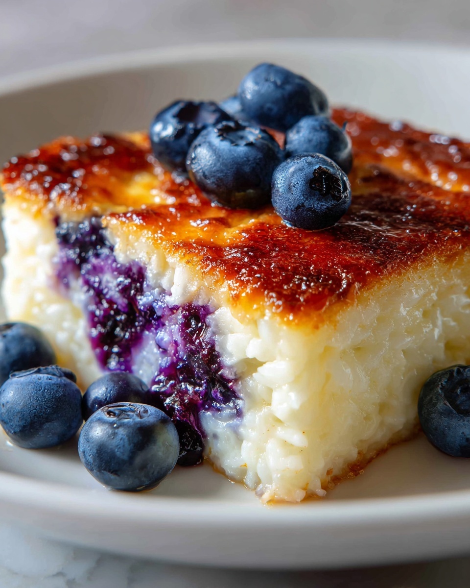 A large white ceramic baking dish filled with a golden-brown baked blueberry bread pudding, featuring plump whole blueberries bursting through the toasted, crisp bread cubes, with a creamy, custard-like texture visible throughout, edges perfectly caramelized, set on a white marble countertop, natural daylight highlighting the rich colors and textures, presented as a full, uncut dish from a professional 3/4 angle, food magazine hero shot style, photo taken with an iphone --ar 4:5 --v 7