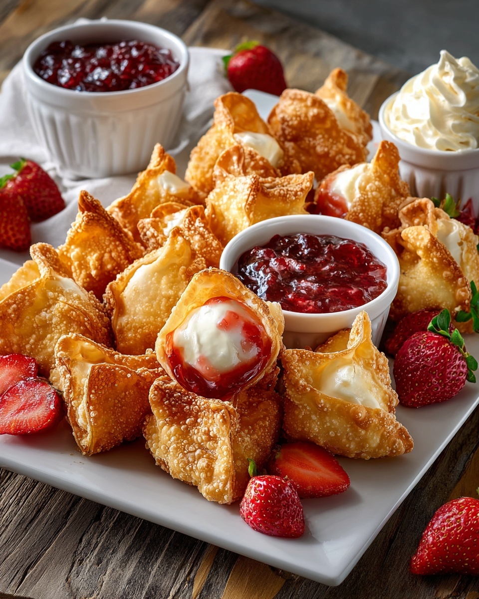 Large white rectangular platter heaped with numerous golden, crispy fried cream cheese wontons filled with smooth cream cheese and vibrant strawberry jam, accompanied by whole fresh strawberries scattered around the edges and two white ramekins filled with creamy whipped topping and chunky strawberry jam, all presented on a rustic wooden surface with natural daylight, shot from a 3/4 angle on white marble background, professional food magazine hero shot, photo taken with an iphone --ar 4:5 --v 7
