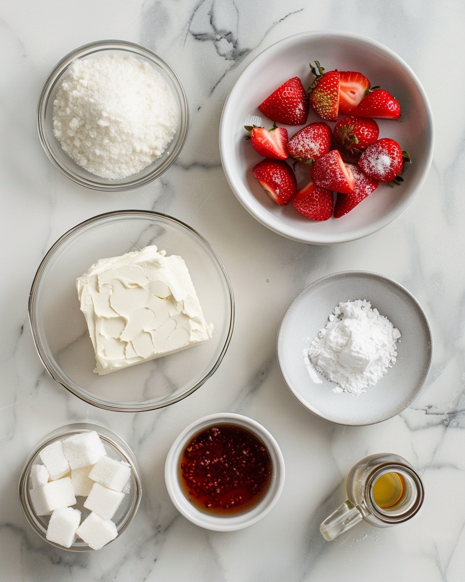 Single white square plate featuring one fried wonton dumpling cut open to reveal a creamy white cheese center oozing vibrant red strawberry jam, surrounded by fresh whole and chopped strawberries, accompanied by small white ramekins of whipped cream and extra strawberry jam, close-up angled shot highlighting the crispy textured golden edges of the wonton and glossy jam, set on white marble surface with natural light, styled like a food blog single plated serving photo taken with an iphone --ar 4:5 --v 7