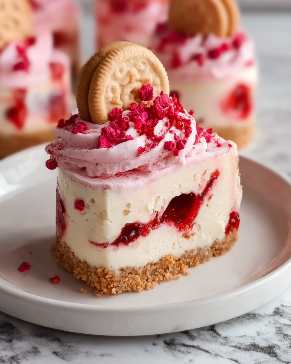 A pristine white rectangular platter showcasing a full dozen individual strawberry cheesecake parfaits, each layered with creamy cheesecake filling, vibrant strawberry swirls, crumbly graham cracker base, topped with fluffy pink whipped cream, sprinkled with small red candy bits, and crowned with a golden sandwich cookie, all arranged neatly and uniformly, photographed from a 3/4 angle on a white marble countertop with natural lighting, resembling a hero shot from a food magazine, photo taken with an iphone --ar 4:5 --v 7