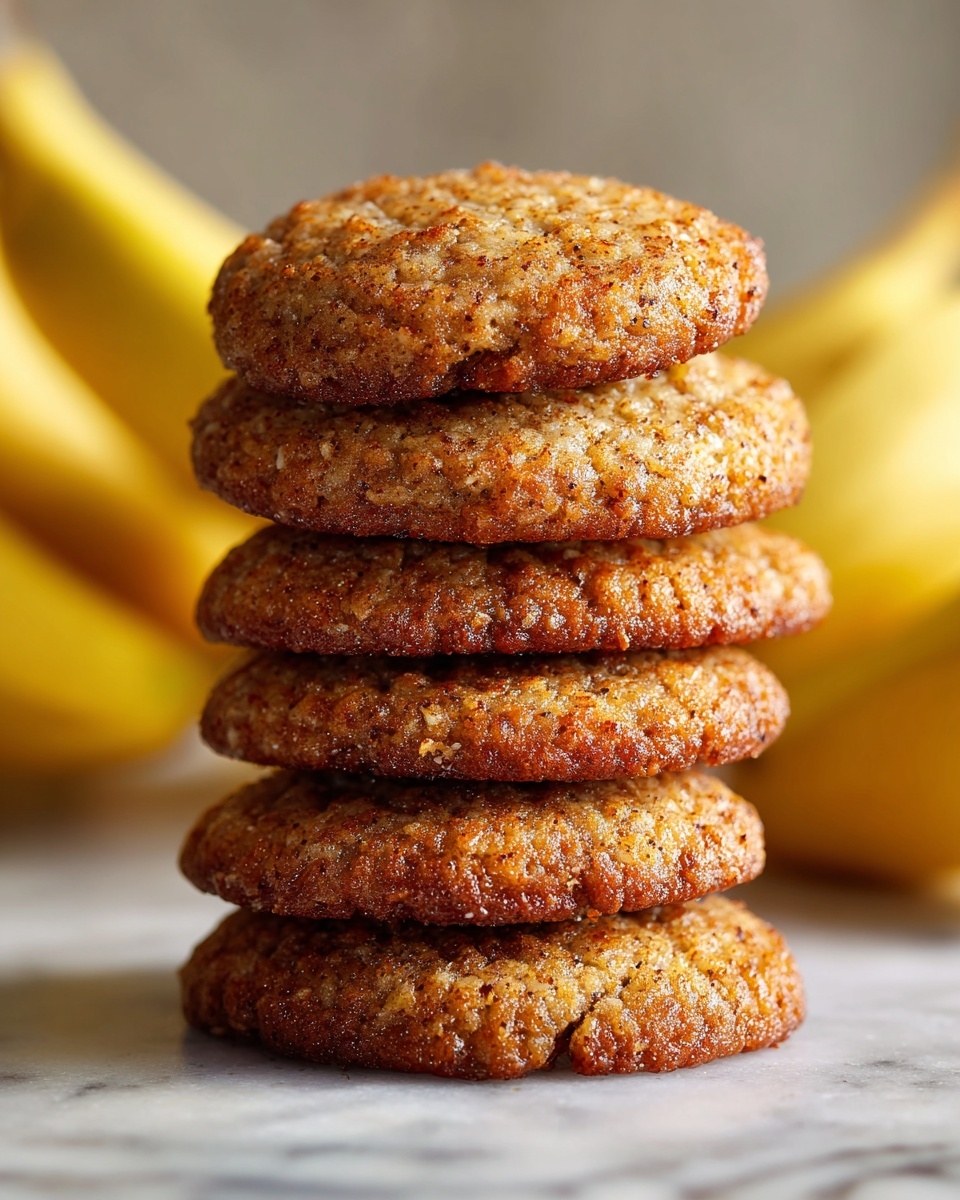 Stack of seven whole, freshly baked banana cookies, golden brown with a shiny, textured crust and visible specks of banana and spice, arranged neatly on a clean white marble surface with a bunch of ripe bananas softly blurred in the background, the entire stack presented as a complete batch, natural lighting highlighting the moist and tender texture, professional 3/4 angle food magazine hero shot, photo taken with an iphone --ar 4:5 --v 7