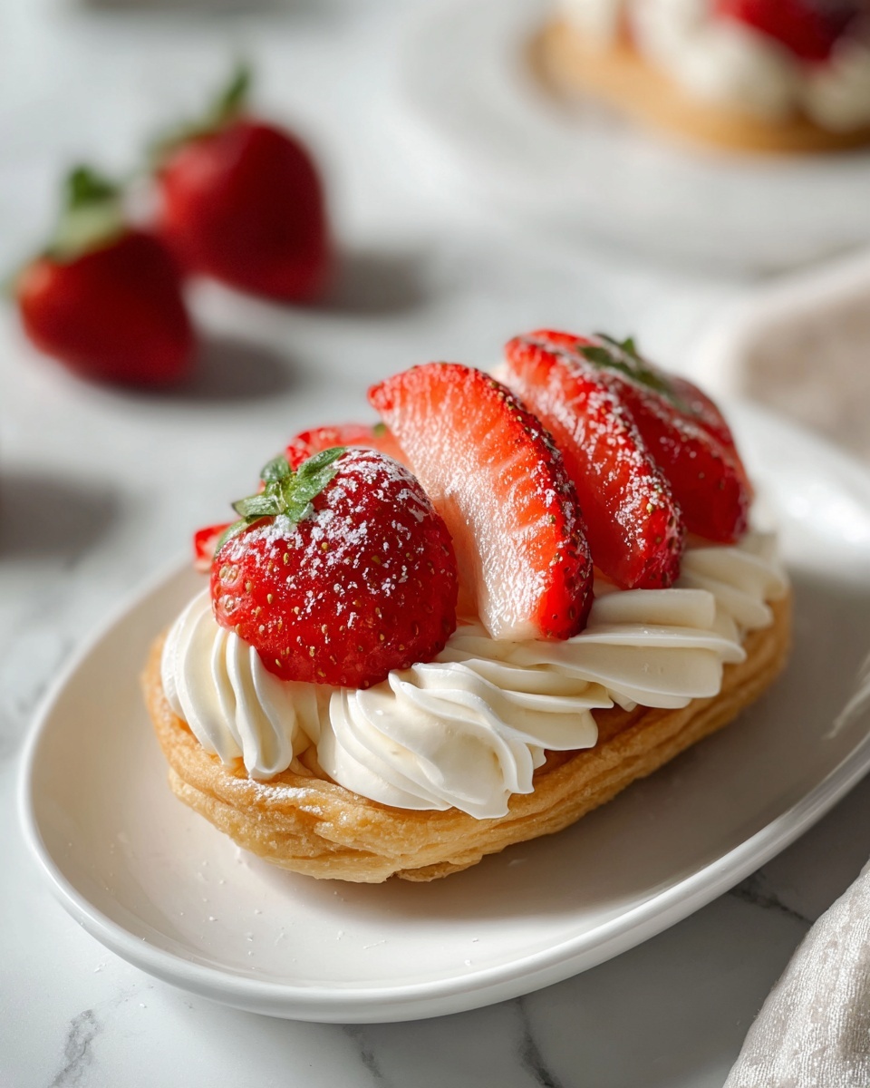Strawberry Cake Taco Recipe 6 White rectangular platter filled with an array of whole oval-shaped sponge cakes topped generously with swirls of smooth white cream and halved fresh strawberries, all neatly arranged in white paper liners on a white marble countertop, natural lighting highlighting the delicate texture and vibrant red of the strawberries, professional food magazine hero shot from a 3/4 angle, photo taken with an iphone --ar 4:5 --v 7