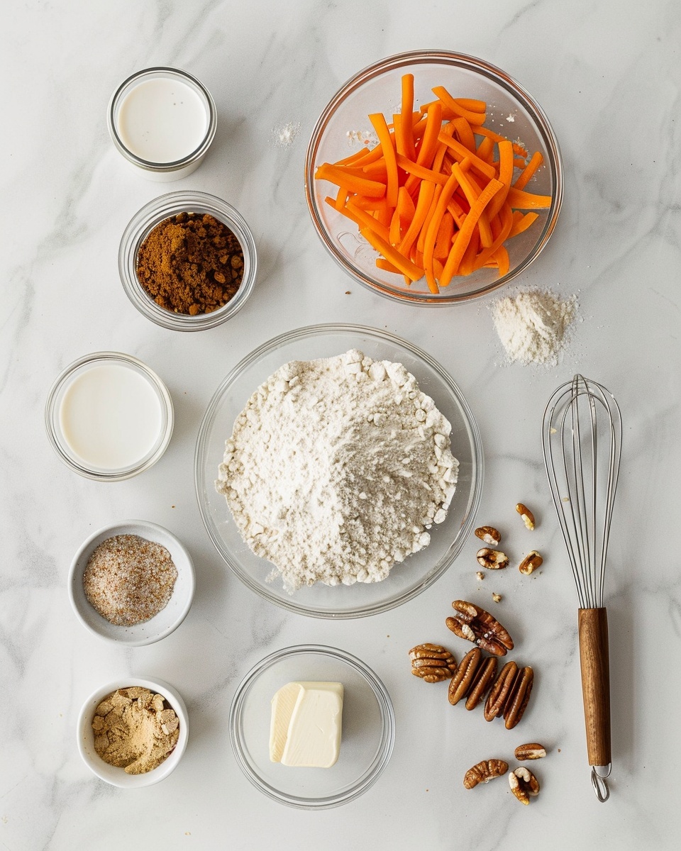 Whole carrot cake loaf on a white rectangular serving board, topped generously with thick swirls of creamy white frosting and sprinkled with chopped pecans, surrounded by whole fresh carrots and cinnamon sticks on a white marble countertop, natural daylight highlighting the rich textures and warm tones, professional 3/4 angle food magazine style photo taken with an iphone --ar 4:5 --v 7