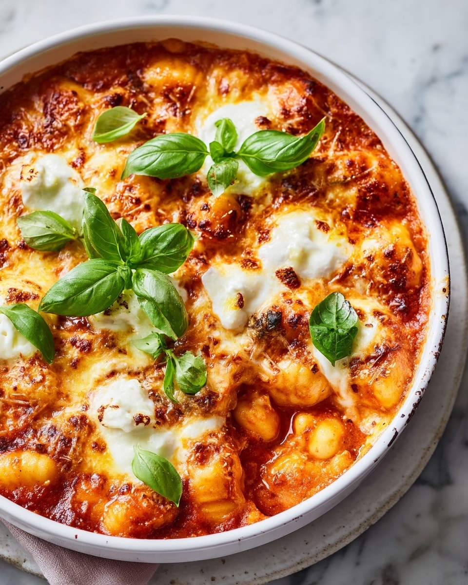 Single white shallow dish with one plated portion of baked gnocchi and cheese in rich tomato sauce, close-up angled view showing pillowy gnocchi coated in vibrant red sauce, melted mozzarella and creamy ricotta dollops melting into the cheesy layers beneath, fresh basil leaves artfully placed on top for garnish, steam rising from the tender texture, resting on white marble surface, natural lighting highlighting the comforting, layered interior, intimate plated serving photo taken with an iphone --ar 4:5 --v 7