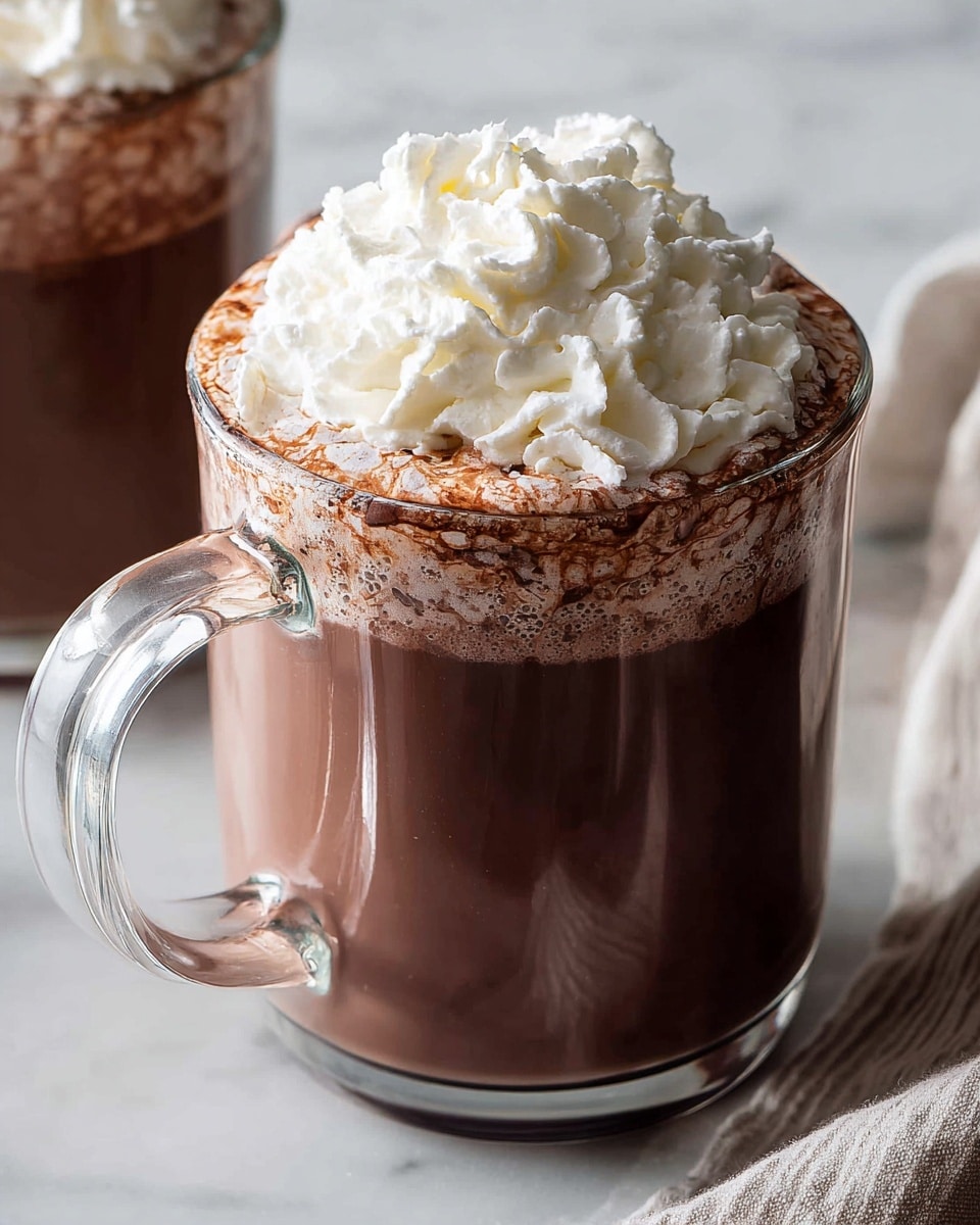 Single clear glass mug filled with rich, creamy hot chocolate topped generously with a fluffy swirl of whipped cream, close-up view capturing the frothy surface and thick texture beneath the whipped cream, placed on a pristine white marble surface with a soft natural light enhancing the inviting warmth, styled as a single serving ready to enjoy, photo taken with an iphone --ar 4:5 --v 7