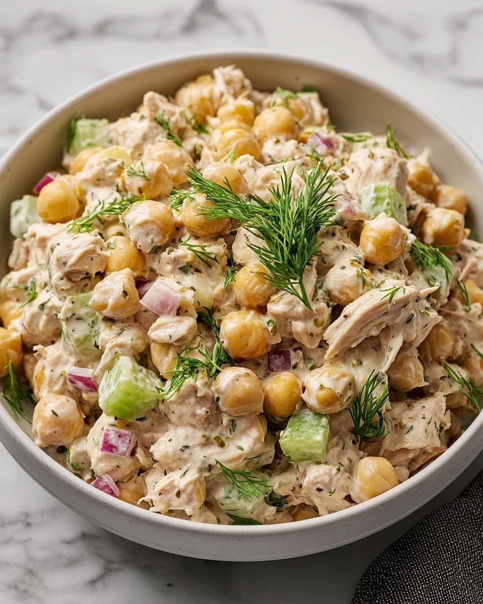 Single white bowl containing a close-up, generous portion of creamy chicken and chickpea salad with visible chunks of shredded chicken, whole chickpeas, diced celery, and finely chopped red onion, all coated in a smooth, herb-speckled dressing, garnished with fresh sprigs of dill, placed on a white marble surface, natural lighting highlighting the texture and freshness, intimate plated serving photo taken with an iphone --ar 4:5 --v 7