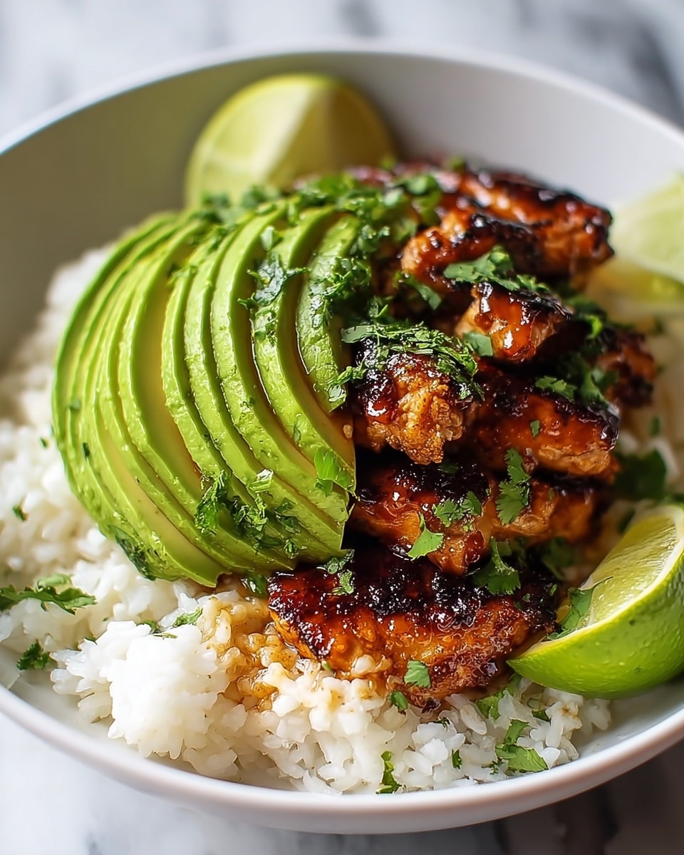 Single white bowl with a plated serving of grilled glazed chicken pieces stacked over a bed of fluffy white rice, topped with thinly sliced avocado arranged in a fan shape, garnished with freshly chopped cilantro and accompanied by two lime wedges on the side, close-up angled view emphasizing the caramelized texture of the chicken, moist interior grains of rice, and vibrant green avocado, natural lighting on a white marble background, intimate styled food blog presentation photo taken with an iphone --ar 4:5 --v 7