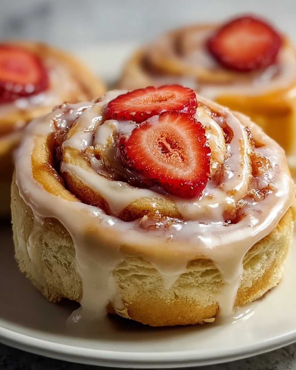 Single white plate featuring a close-up, intimate view of one golden, fluffy cinnamon roll topped with a thick, creamy drizzle of icing and garnished with fresh red strawberry slices that reveal the soft, tender swirls of the dough beneath, showcasing the rich layers and a hint of cinnamon sugar crystals inside, all placed on a white marble background with natural lighting, capturing the inviting textures and glossy glaze in a styled food blog presentation, photo taken with an iphone --ar 4:5 --v 7