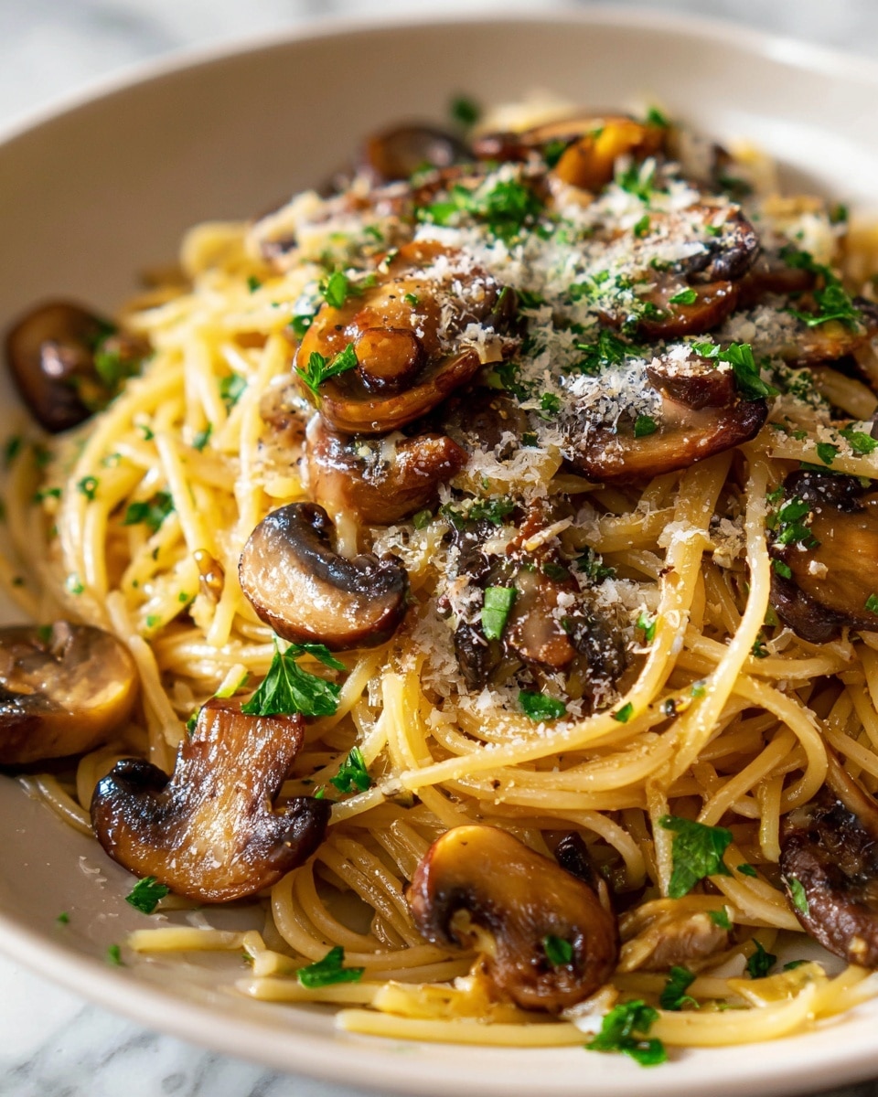 Single white plate neatly holding one portion of spaghetti with sautéed mushrooms, close-up angle emphasizing the tender pasta strands coated lightly in oil, glistening browned mushroom slices scattered throughout, sprinkled with grated cheese and fresh chopped parsley, natural lighting highlighting the textures on a white marble surface, intimate plated serving photo taken with an iphone --ar 4:5 --v 7