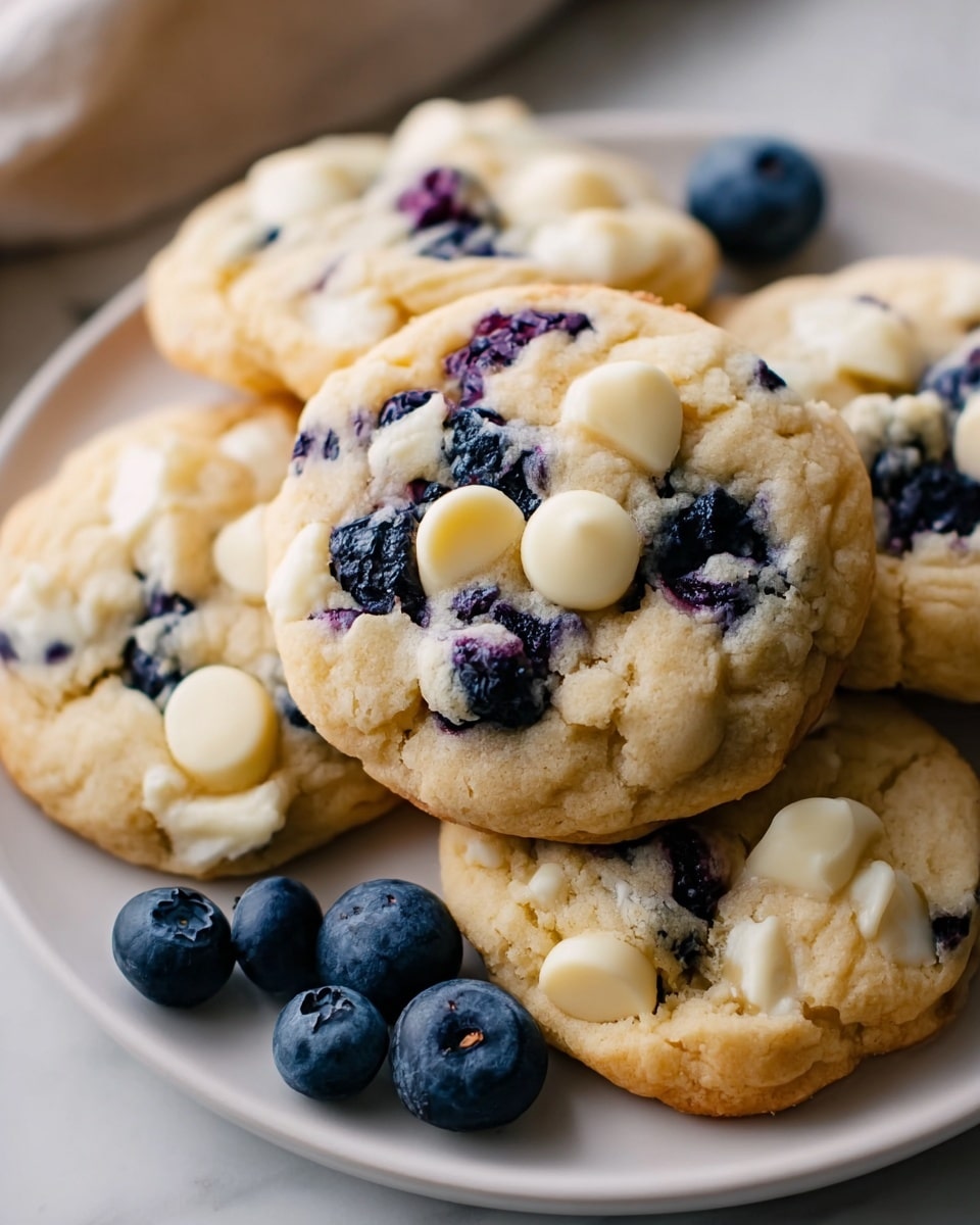 Single white plate featuring one blueberry white chocolate cookie with visible juicy blueberries and creamy white chocolate chunks embedded throughout, close-up shot highlighting the soft, tender interior texture and slight golden edges, natural light illuminating the rustic crumb structure, garnished with a few fresh blueberries on the side, white marble background, intimate plated serving photo taken with an iphone --ar 4:5 --v 7