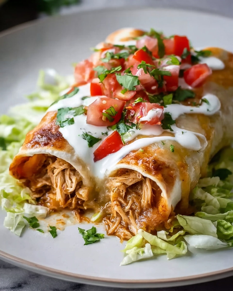 Single white plate featuring one rolled enchilada portion, showcasing tender shredded chicken and melted cheese filling visible through a slightly opened end, topped with creamy white sauce, fresh diced tomatoes, and chopped cilantro, served on a bed of crisp shredded lettuce, angled close-up view highlighting the layers and textures of the filling and sauce, natural lighting on white marble background, styled like a food blog serving photo taken with an iphone --ar 4:5 --v 7