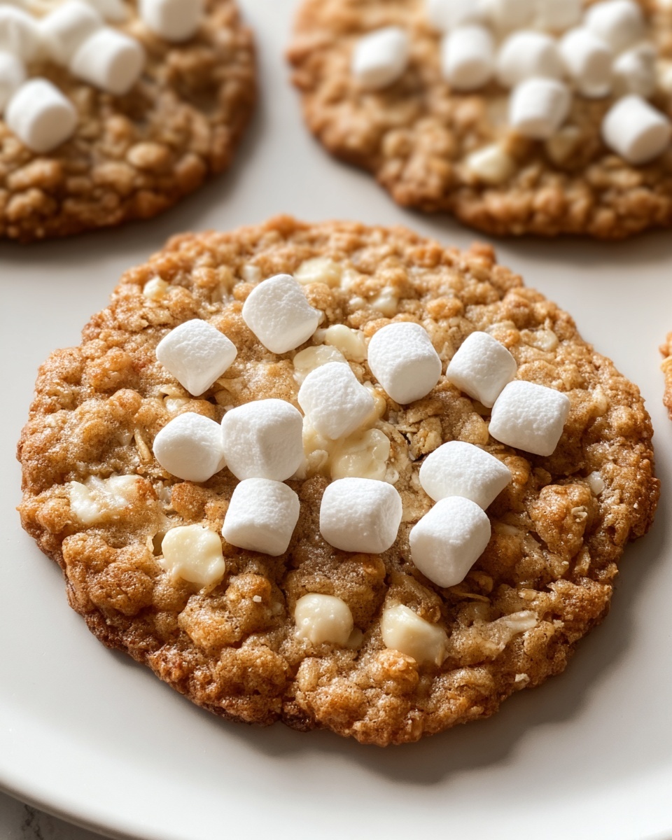 Single white plate showcasing one freshly baked oatmeal cookie adorned with several soft mini marshmallows on top, close-up angle revealing the chewy, textured surface dotted with white chocolate chunks and oats, warm golden brown color emphasizing the cookie’s crisp edges and tender interior, placed on white marble countertop with natural light highlighting the cookie’s inviting details, styled as an individual serving ready to eat, photo taken with an iphone --ar 4:5 --v 7