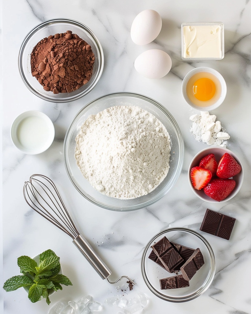 White plate filled with a complete batch of rich chocolate tartlets, each with a glossy, smooth chocolate ganache filling topped perfectly with a fresh, halved strawberry with vibrant green leaves, the tartlets sitting in dark chocolate fluted cups arranged neatly, entire dish presented on a white marble surface with natural light highlighting the shiny texture and fresh fruit, professional food styling shot taken from a 3/4 angle photo taken with an iphone --ar 4:5 --v 7