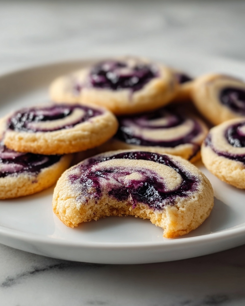 Single white plate featuring one blueberry swirl cookie with a visible bite revealing the soft, tender interior and rich blueberry filling, close-up angle highlighting the contrast between the golden cookie edges and the vibrant purple swirl, natural light emphasizing the textured crumb on a white marble surface, styled intimate plated serving photo taken with an iphone --ar 4:5 --v 7