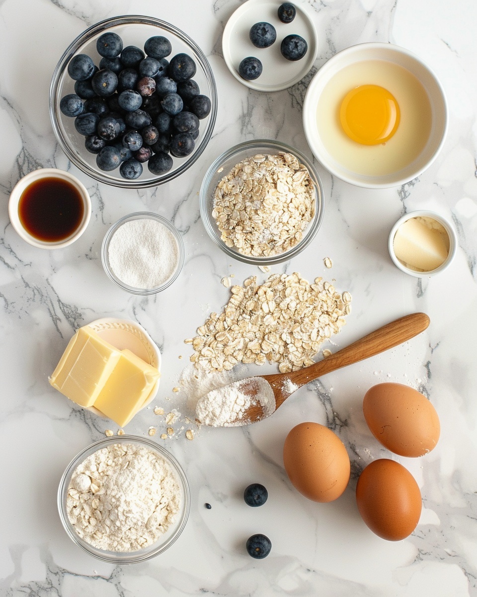 A large rectangular white baking dish filled with a whole blueberry crumb bar, showcasing a thick layer of juicy blueberries beneath a golden, oat-studded crumb topping, edges neatly browned and intact, with scattered oats decorating the surface, photographed from a 3/4 angle on a white marble countertop with natural lighting, styled like a hero shot from a food magazine, photo taken with an iphone --ar 4:5 --v 7